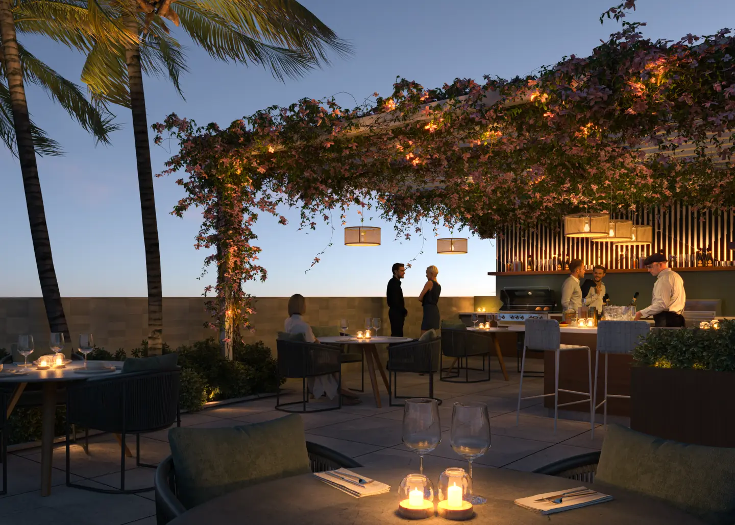 Terraza gourmet exterior y espacio de comedor en LEV